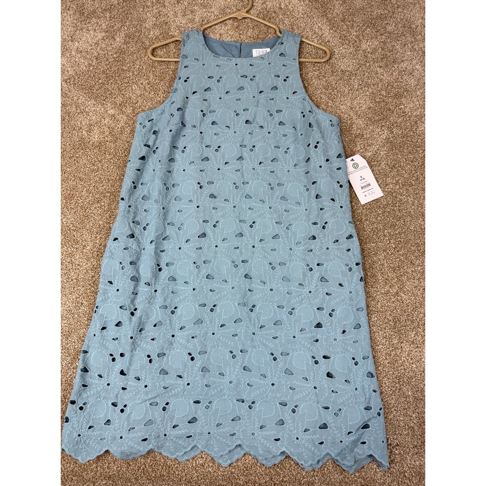 NWT Time and Tru Women Caspian Dress Blue Eyelet Mini Scalloped S Cottagecore